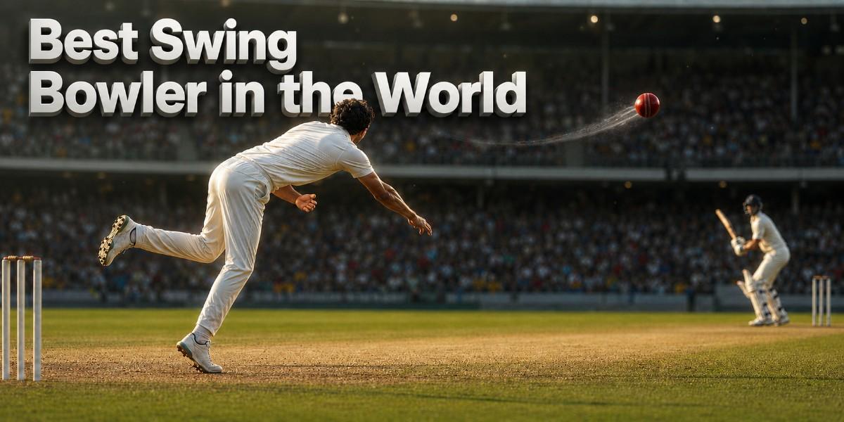 Best swing bowler in the world delivering a swinging red ball in a cricket stadium