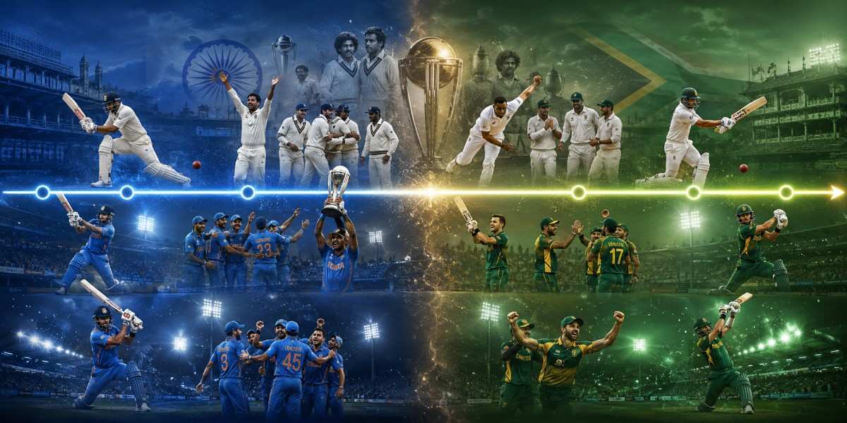 India National Cricket Team vs South Africa National Cricket Team Timeline showing Test, ODI, and T20 eras across a blue-and-green rivalry design.